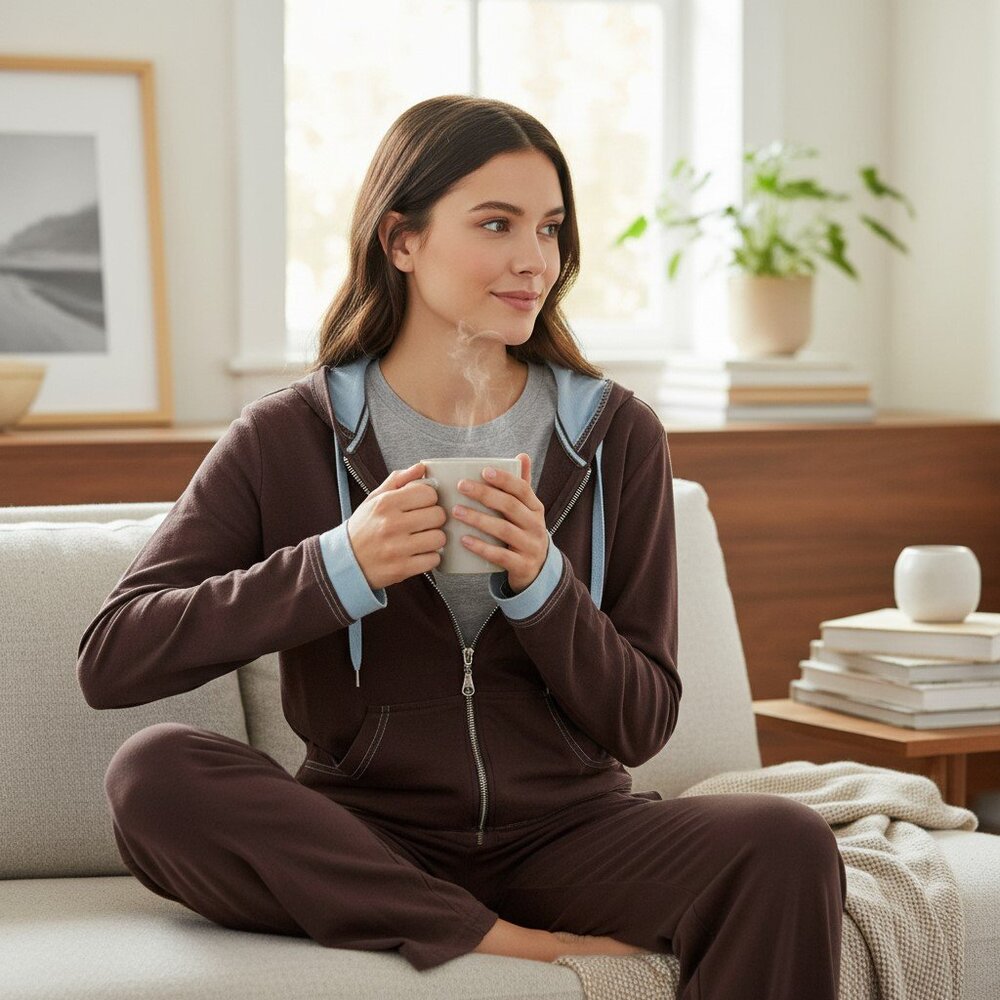 So Nikki Brown Zip-Up Hoodie & Pants Set | Cotton Stretch Lounge Set